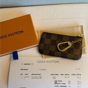 Louis Vuitton Brown Checkered Key Pouch with Gold Chain. N62658